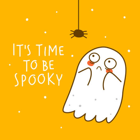 Cute little ghost with spider on orange background - cartoon character for funny Halloween greeting card and poster designのイラスト素材