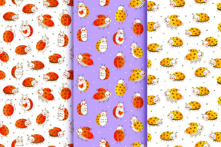 Set of seamless patterns with cute little ladybugs - cartoon backgrounds for funny children designのイラスト素材