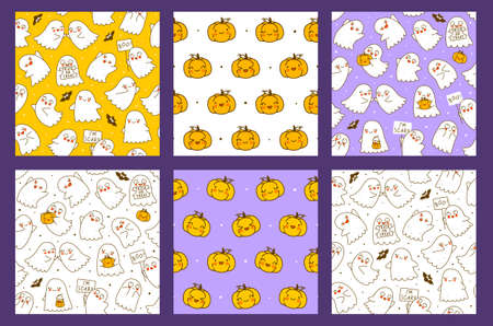 Set of seamless patterns with cute little ghosts and pumpkins - cartoon backgrounds for funny Halloween textile or wrapping paper designのイラスト素材