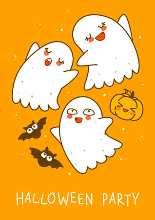 Cute little ghosts with pumpkin and bats on orange background - cartoon characters for funny Halloween greeting card and poster designのイラスト素材