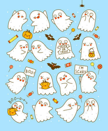 Set of cute little ghosts with pumpkins and bats and sweets on blue background - cartoon characters for funny Halloween designのイラスト素材