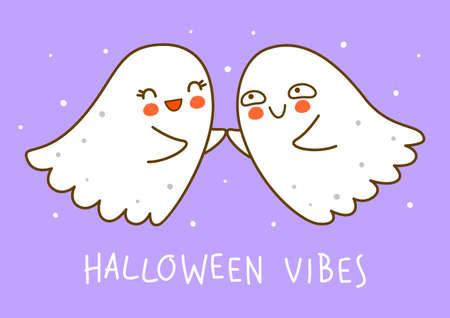 Cute little ghosts on purple background - cartoon characters for funny Halloween greeting card and poster designのイラスト素材