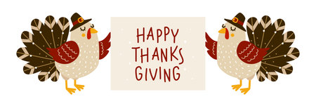 Cute turkeys with Thanksgiving greeting card isolated on whiteのイラスト素材