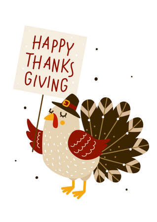 Cute turkey with Thanksgiving greeting card isolated on whiteのイラスト素材