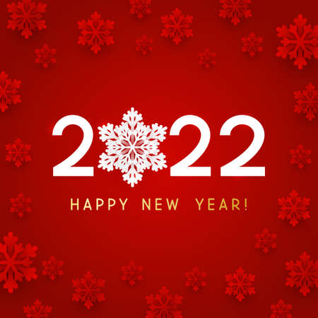 New Year concept - 2022 numbers on red background with paper snowflakes for winter holidays designのイラスト素材