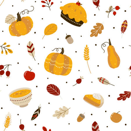 Seamless pattern with pumpkins and autumn elements and food for Thanksgiving day designのイラスト素材
