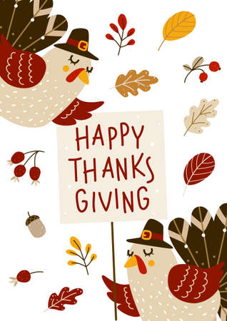 Cute turkeys with Thanksgiving greeting card isolated on whiteのイラスト素材
