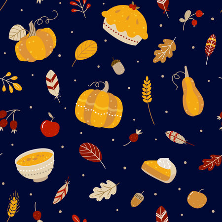 Seamless pattern with pumpkins and autumn elements and food on dark background for Thanksgiving day designのイラスト素材