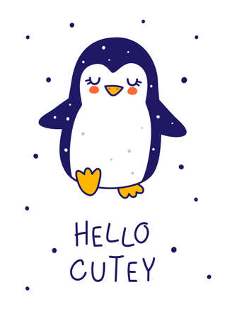 Cute little penguin isolated on white background - cartoon character for funny Christmas and New Year winter greeting card and poster designのイラスト素材