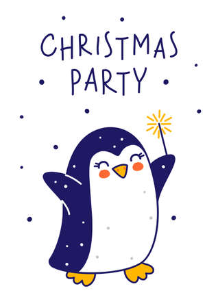 Cute little penguin with sparkler isolated on white background - cartoon character for funny Christmas and New Year winter greeting card and poster designのイラスト素材