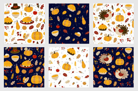 Set of seamless patterns with cute turkeys and autumn food - cartoon backgrounds for cozy Thanksgiving textile or wrapping paper designのイラスト素材