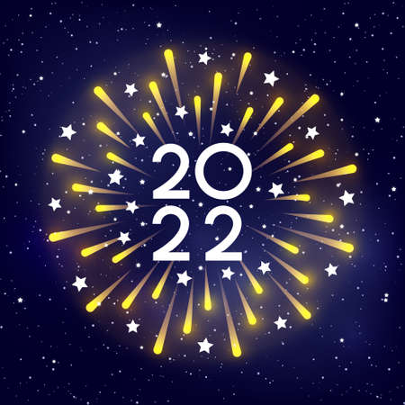 Shiny fireworks on blue starry sky background for 2022 New Year designの写真素材