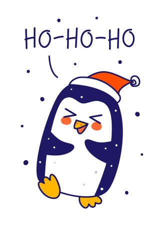 Cute little penguin wearing Santa hat isolated on white background - cartoon character for funny Christmas and New Year winter greeting card and poster designのイラスト素材