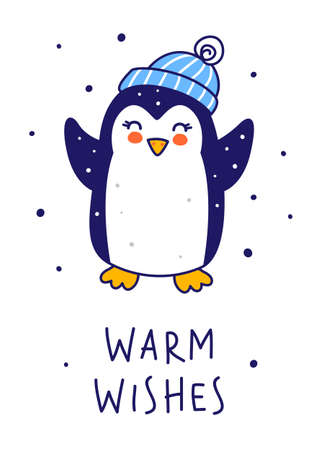 Cute little penguin wearing warm hat isolated on white background - cartoon character for funny Christmas and New Year winter greeting card and poster designのイラスト素材