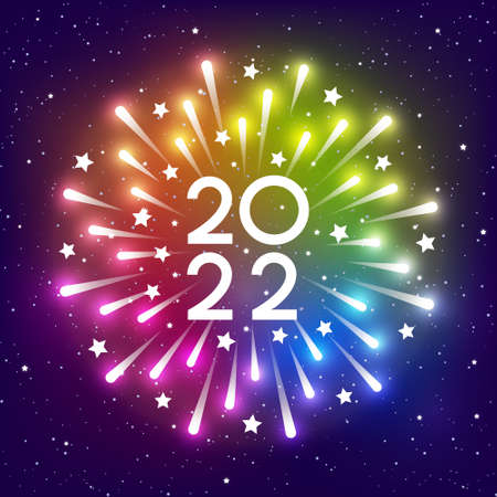Shiny fireworks on rainbow starry sky background for 2022 New Year designの写真素材