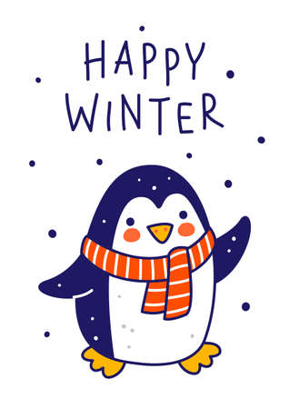Cute little penguin wearing warm knitted scarf isolated on white background - cartoon character for funny Christmas and New Year winter greeting card and poster designのイラスト素材