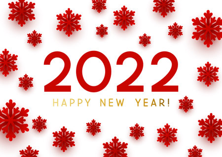 New Year concept - 2022 numbers on white background with paper snowflakes for winter holidays designの写真素材
