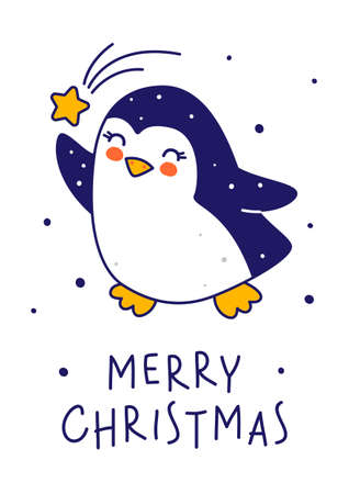 Cute little penguin with star isolated on white background - cartoon character for funny Christmas and New Year greeting card and poster designのイラスト素材