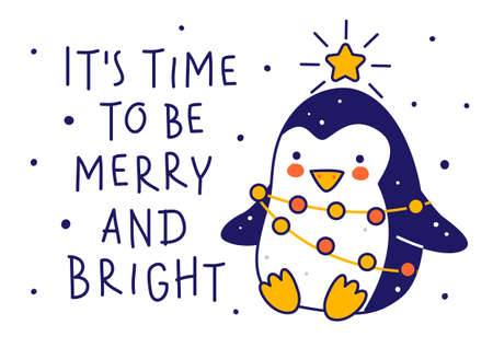 Cute little penguin wearing like Christmas tree isolated on white background - cartoon character for funny winter holidays greeting card and poster designのイラスト素材