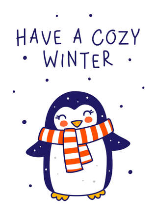Cute little penguin wearing warm scarf isolated on white background - cartoon character for funny Christmas and New Year winter greeting card and poster designのイラスト素材