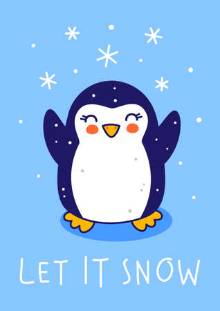 Cute little penguin with snow on blue background - cartoon character for funny Christmas and New Year winter greeting card and poster designのイラスト素材