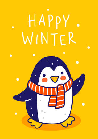 Cute little penguin wearing warm knitted scarf on yellow background - cartoon character for funny Christmas and New Year winter greeting card and poster designのイラスト素材