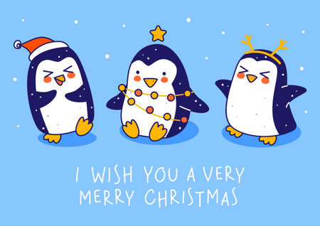 Cute little penguins on blue background - cartoon characters for funny Christmas and New Year holidays greeting card and poster designのイラスト素材