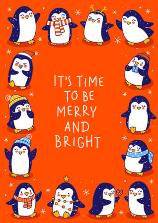 Cute little penguins on red background - cartoon characters vertical frame for funny Christmas and New Year holidays greeting card and poster designのイラスト素材
