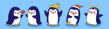Cute little penguins border on blue background - cartoon characters for funny Christmas and New Year holidays panoramic bannerのイラスト素材