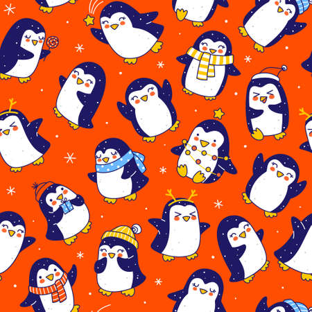 Seamless pattern with cute little penguins on red - cartoon characters background for funny Christmas and New Year holidays textile and wrapping paper designのイラスト素材