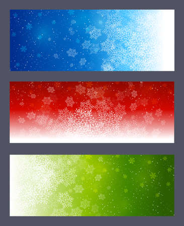 Winter snowflakes on color backgrounds - set of horizontal panoramic banners for Christmas and New Year holiday designの写真素材