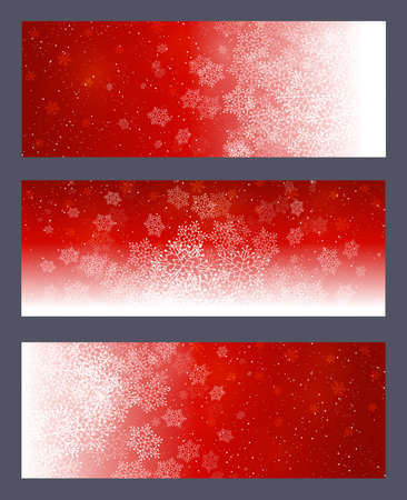 Winter snowflakes on red background - set of horizontal panoramic banners for Christmas and New Year holiday designの写真素材