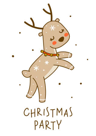 Cute little deer dancing isolated on white background - cartoon character for funny Christmas and New Year winter greeting card and poster designのイラスト素材