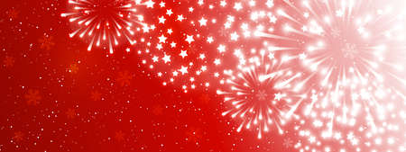 Shiny fireworks on red background - horizontal panoramic banner for Christmas and New Year holiday designの写真素材