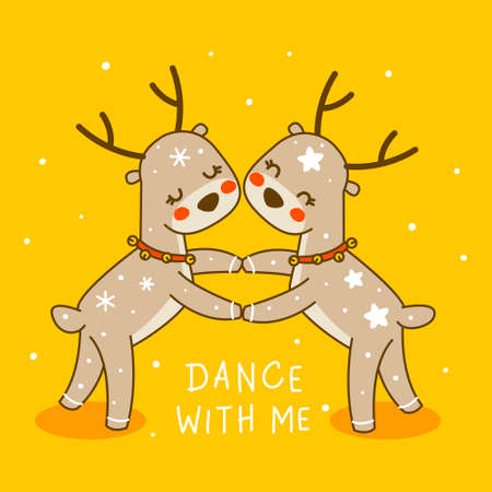 Cute little dancing deers on yellow background - cartoon characters for funny Christmas and New Year winter greeting card and poster designのイラスト素材