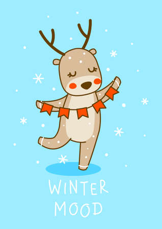 Cute little deer with party flags on blue background - cartoon character for funny Christmas and New Year winter greeting card and poster designのイラスト素材