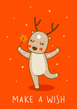 Cute little deer with sparkler on red background - cartoon character for funny Christmas and New Year winter greeting card and poster designのイラスト素材