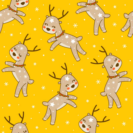 Seamless pattern with cute little deers on yellow background - cartoon characters for funny Christmas and New Year winter designのイラスト素材