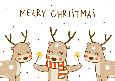 Cute little deers isolated on white background - cartoon characters for funny Christmas and New Year winter greeting card designのイラスト素材