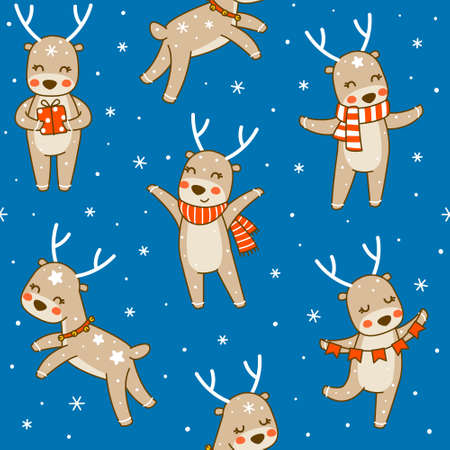 Seamless pattern with cute little deers on blue background - cartoon characters for funny Christmas and New Year winter designのイラスト素材