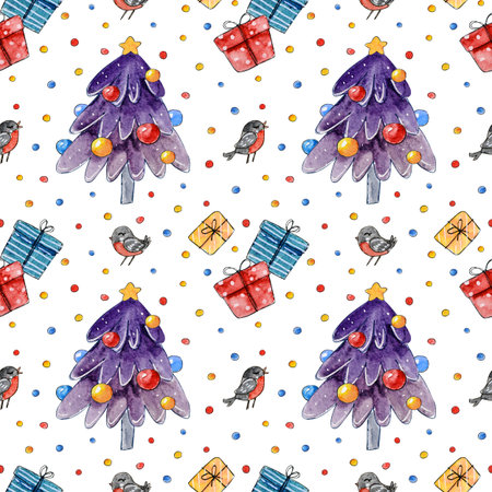 Seamless pattern with watercolor Christmas tree and bullfinches - background for winter holidays...