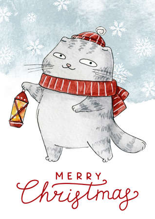 Cute scottish fold gray cat with lantern - watercolor Christmas greeting card for winter holidays designの写真素材