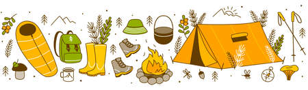 Seamless horizontal border with forest and mountain hiking items isolated on white - cartoon objects for your camping designのイラスト素材
