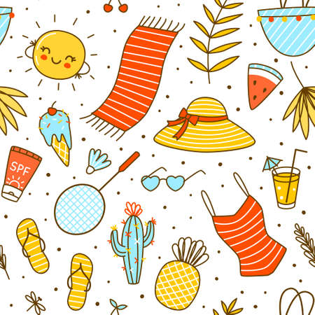 Seamless pattern with cute summer items isolated on white - cartoon background for happy beach designのイラスト素材