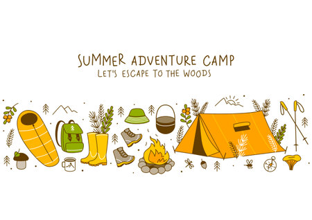 Horizontal border with forest and mountain hiking items isolated on white - cartoon objects for your camping designのイラスト素材