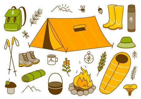 Set of mountain hiking items isolated on white - cartoon objects for your designのイラスト素材