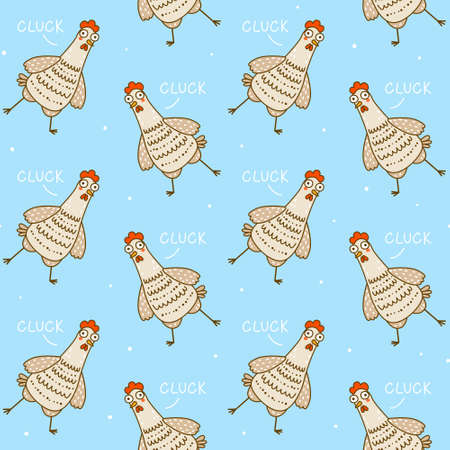 Seamless pattern with cute chickens on blue background - cartoon hens and roosters character for happy farm designのイラスト素材