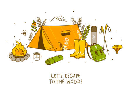 Group of forest and mountain hiking items isolated on white - cartoon objects for your camping designのイラスト素材