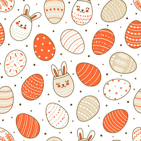 Seamless pattern with cute decorated eggs isolated on white - cartoon background for happy Easter designのイラスト素材