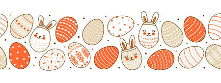 Seamless border with cute decorated eggs isolated on white - cartoon elements for happy Easter designのイラスト素材
